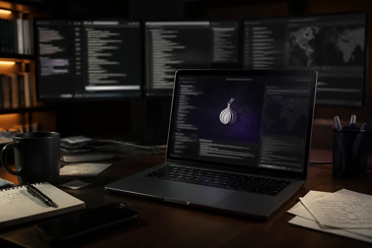 A high-tech workspace focused on exploring dark web resources safely.