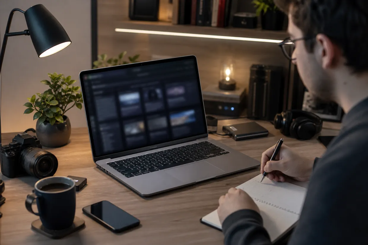 A researcher examines a curated dark web directory in a modern workspace.