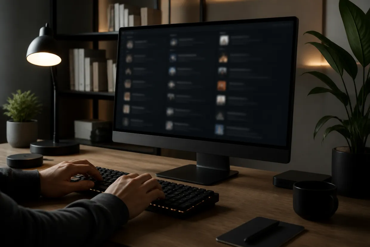 A person is engaged in exploring curated dark web resources on a desktop computer in a modern home office.