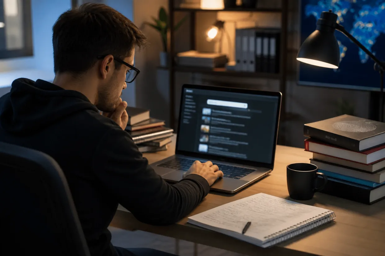 A researcher analyzing deep web databases in a modern office setting.