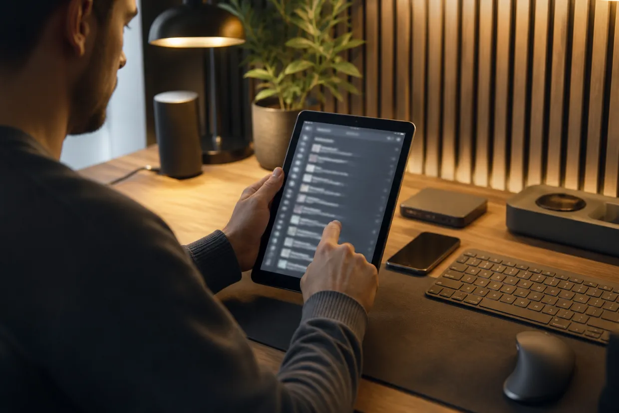 A person engages with a tablet, browsing a .onion directory in a modern setting.
