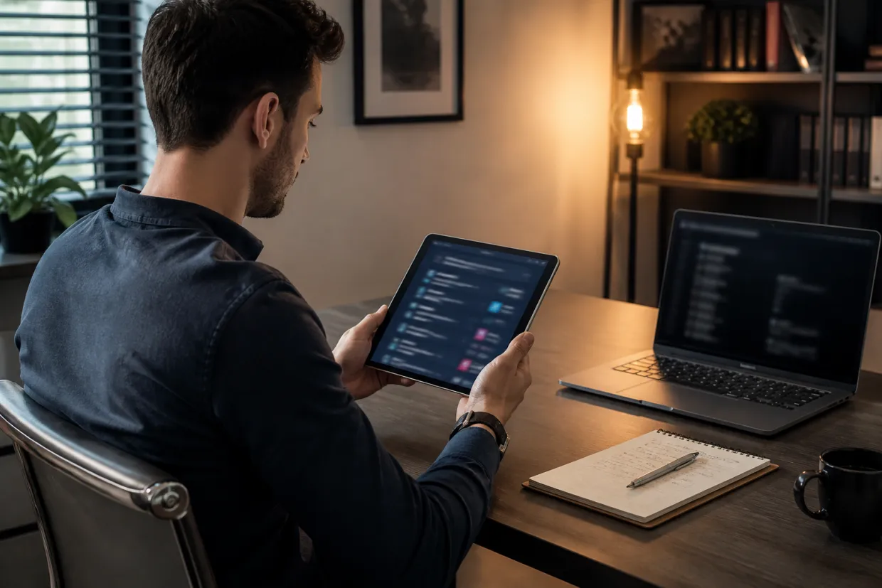 A user engaging with dark web search engines on a tablet in a contemporary workspace.