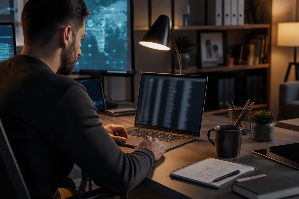 A cybersecurity analyst reviews a combo list on their laptop in a modern office.
