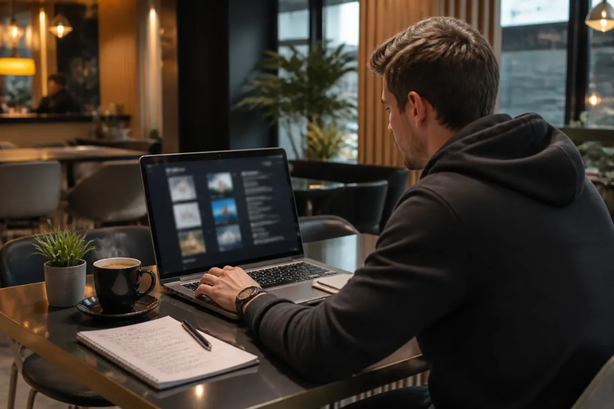 A researcher uses a laptop in a cozy cafe to explore OnionDir.