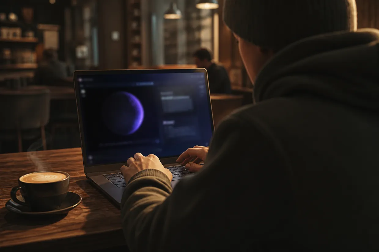 A person browses deep web resources on a laptop in a cozy café setting.