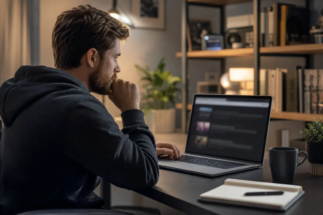 A person is engaged in a search for legitimate onion links on Reddit in a home office setting.