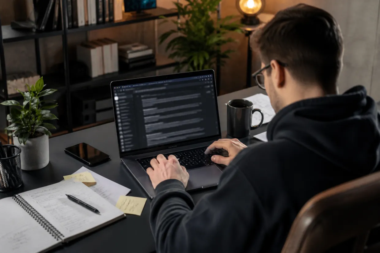 A person focused on researching dark web Reddit communities in a modern workspace.