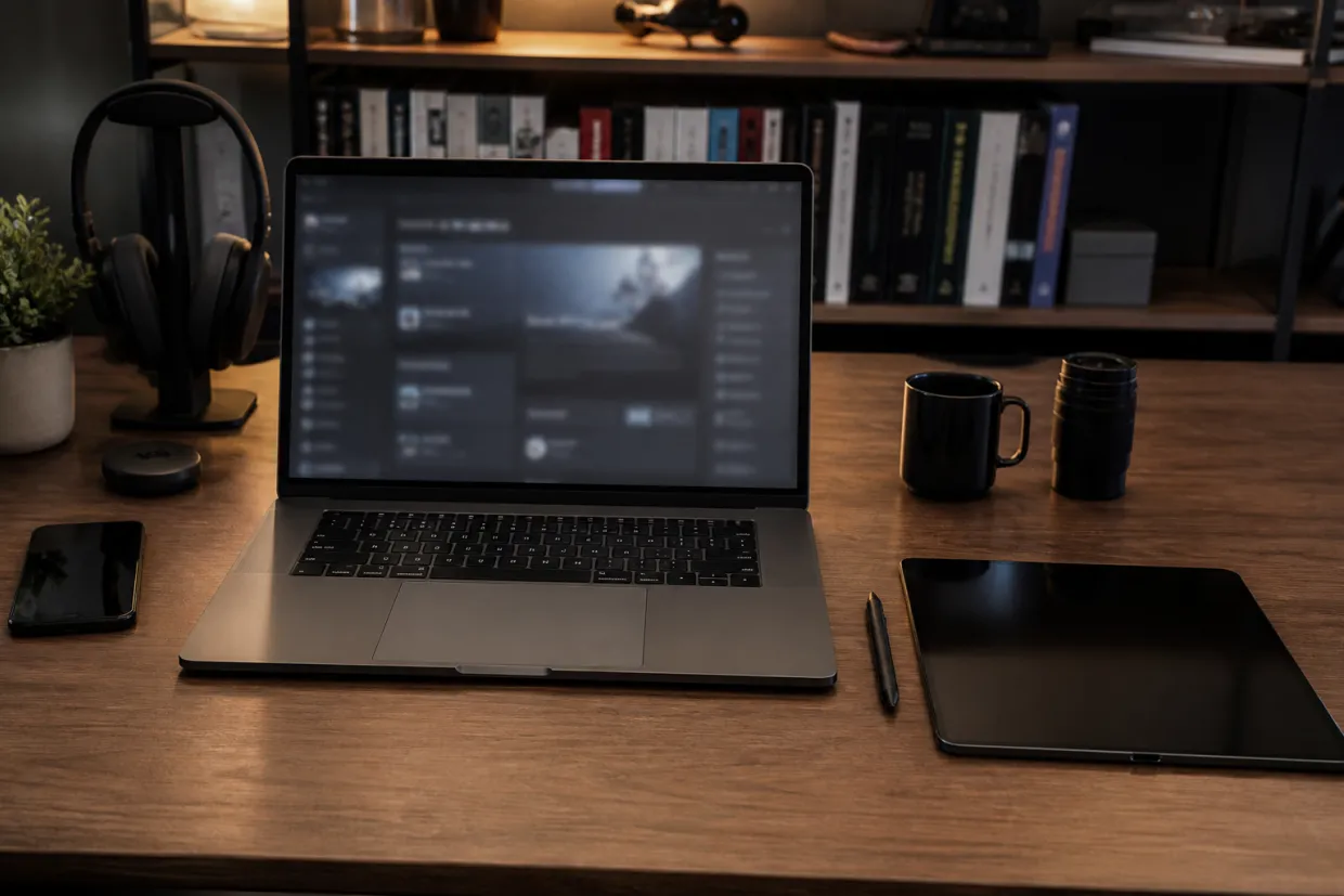 A person is organizing dark web browser software on a stylish desk.