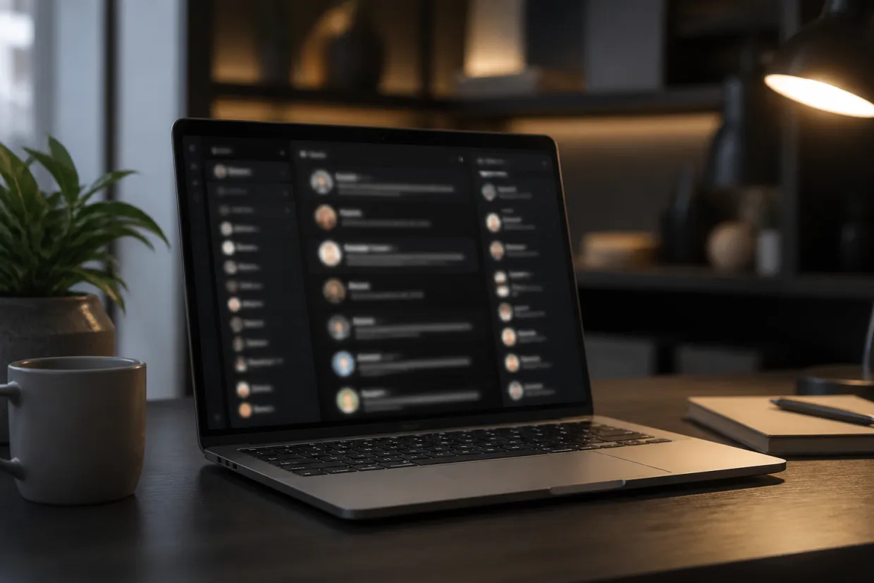 A home office scene with a laptop featuring a dark web chat directory.