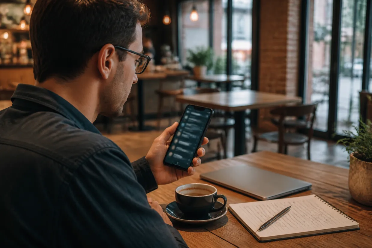 A person in a coffee shop exploring a dark web directory on their smartphone.
