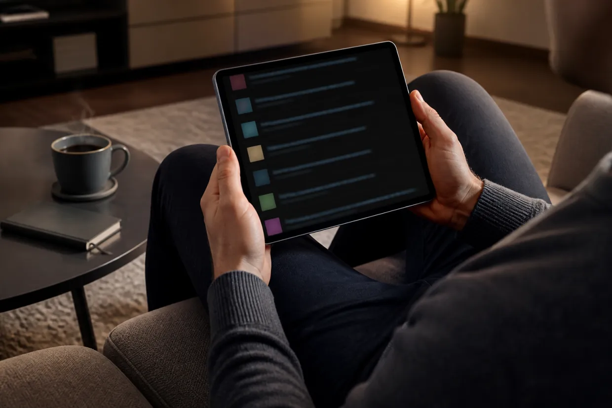 A person comfortably browsing a list of .onion sites on a tablet in a cozy living room.