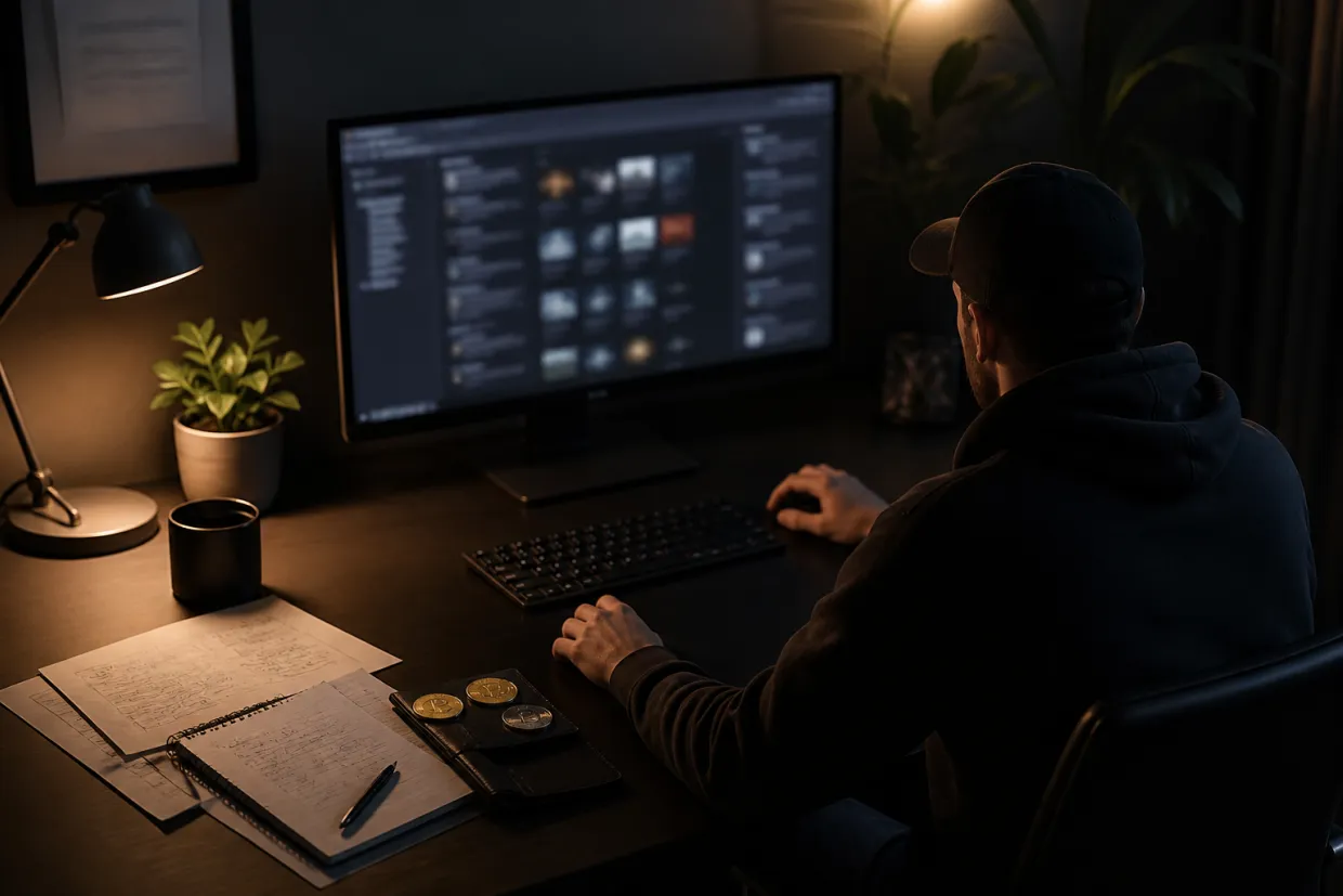 A person focused on exploring a dark web marketplace in a modern workspace.