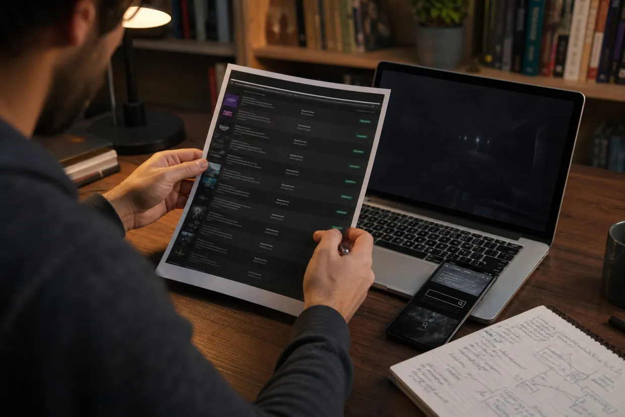 A researcher reviews a printed list of verified onion services in a modern workspace.
