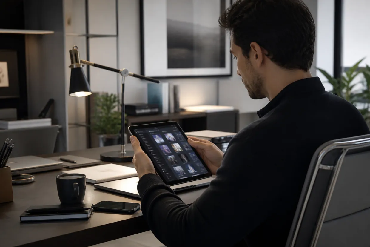 A researcher exploring Telegram channels focused on the dark web in a modern office.