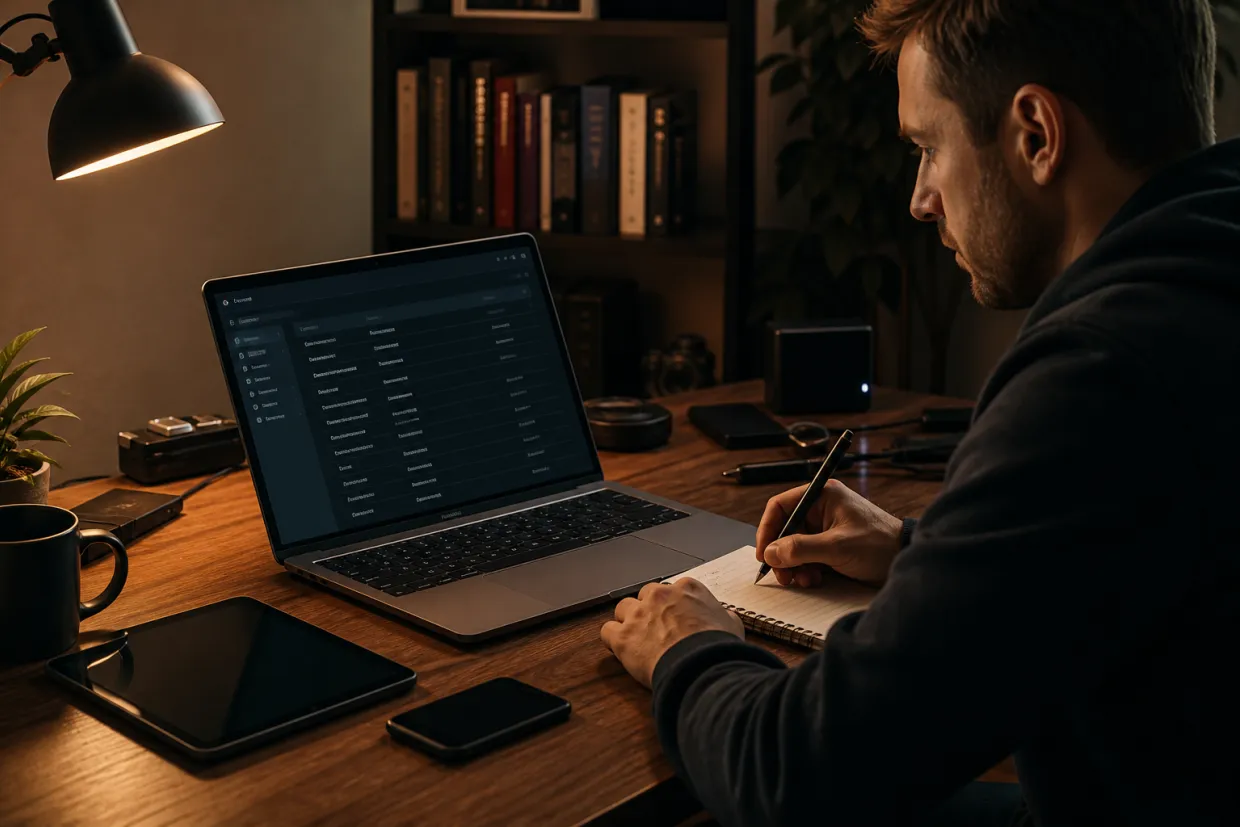 A researcher is focused on a laptop displaying dark web URLs in a modern workspace.