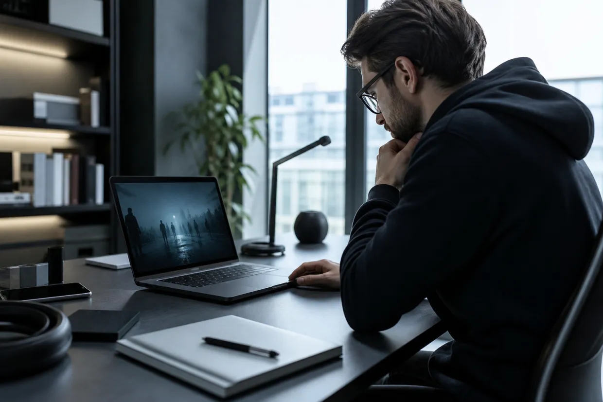 A person is focused on exploring darkweb.com in a contemporary office setting.